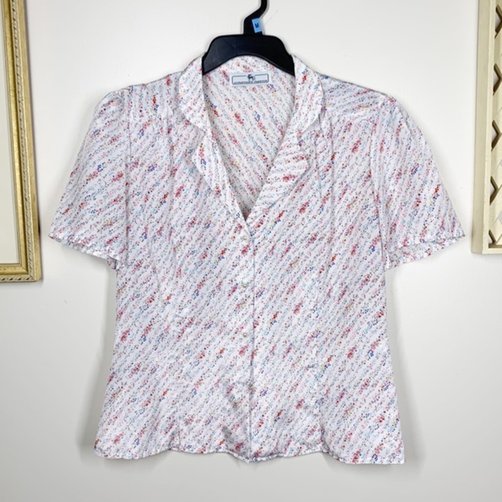 Vintage Pearl Button Floral Print Satin Blouse S